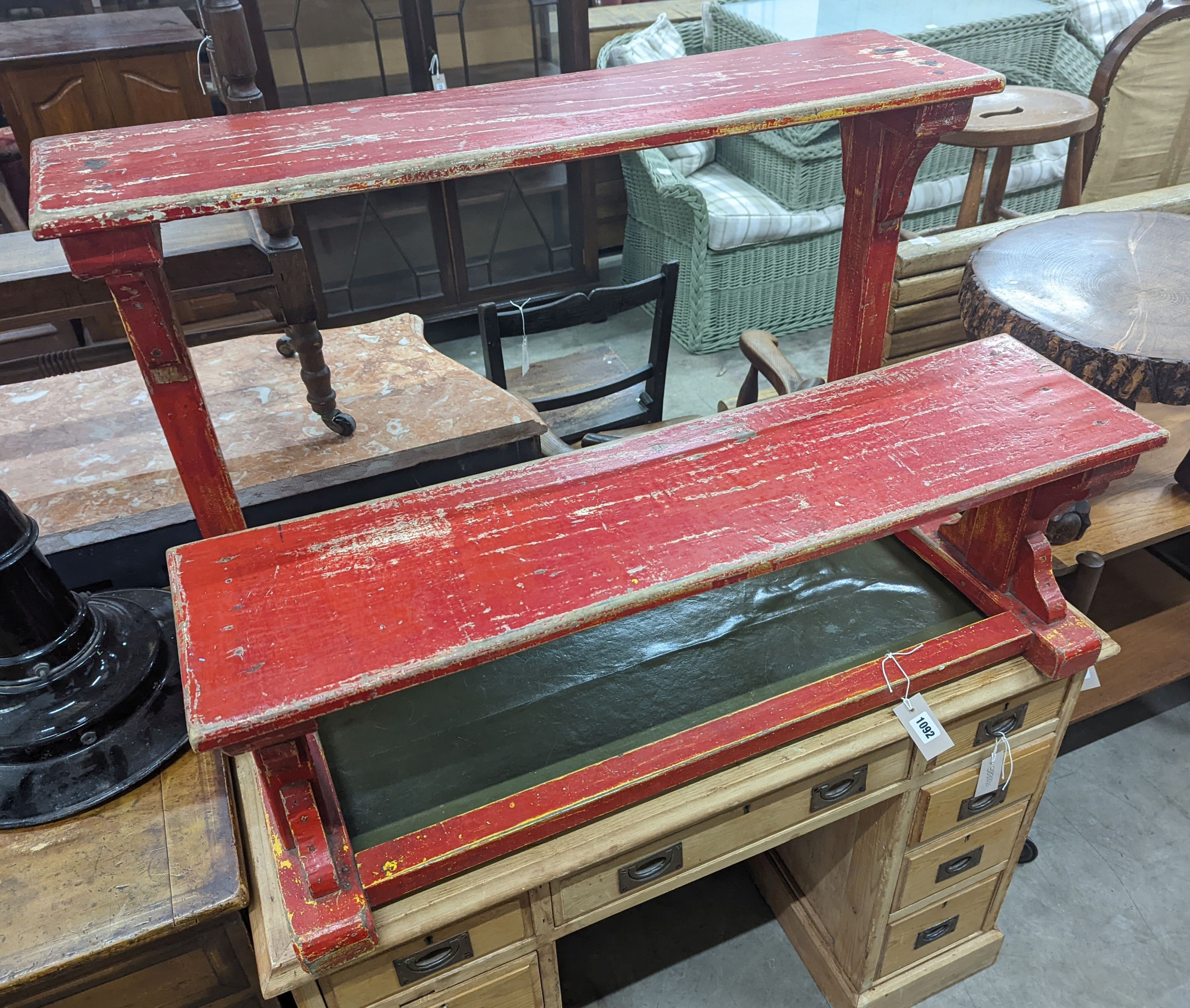 A vintage double student's desk, width 94cm, depth 60cm, height 58cm